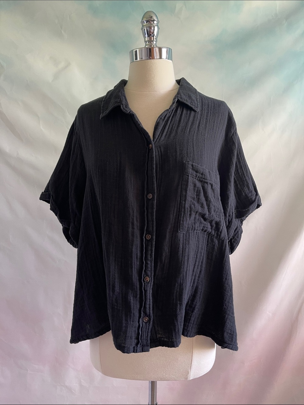 Old Navy Black Button-Front Short Sleeve Double Cotton Gauze Top XL